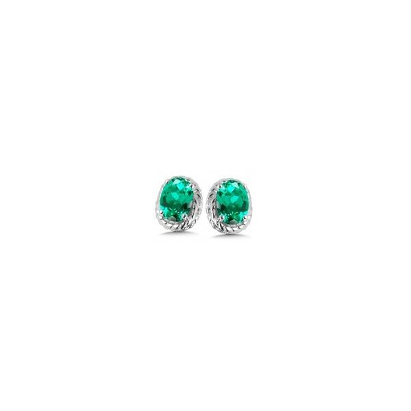 Rhodium Sterling Silver Stud Earrings with Two 6x4mm Created Emeralds Barnes Jewelers Goldsboro, NC