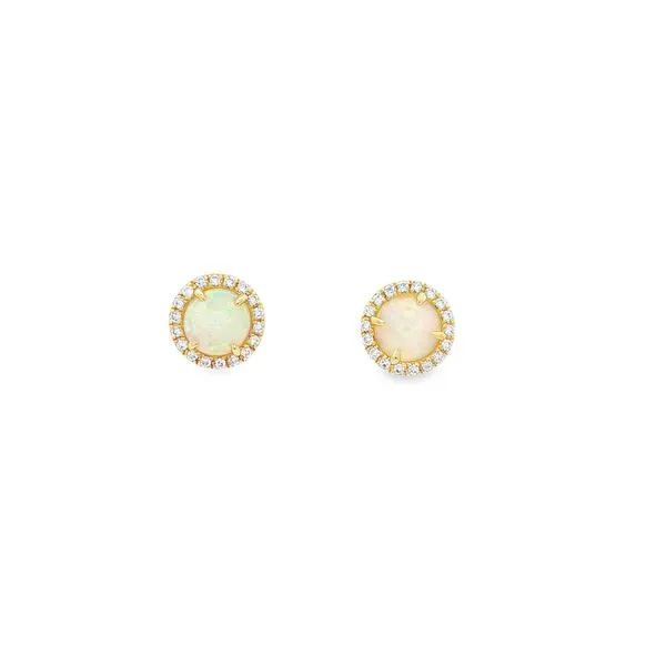 PARLE  Australian Opal and Diamond Halo Stud Earrings, 14KT Yellow Gold, 1.08TGW Round Australian Opals, 0.22CTTW Round Diamonds  ECO108N12CI Barnes Jewelers Goldsboro, NC