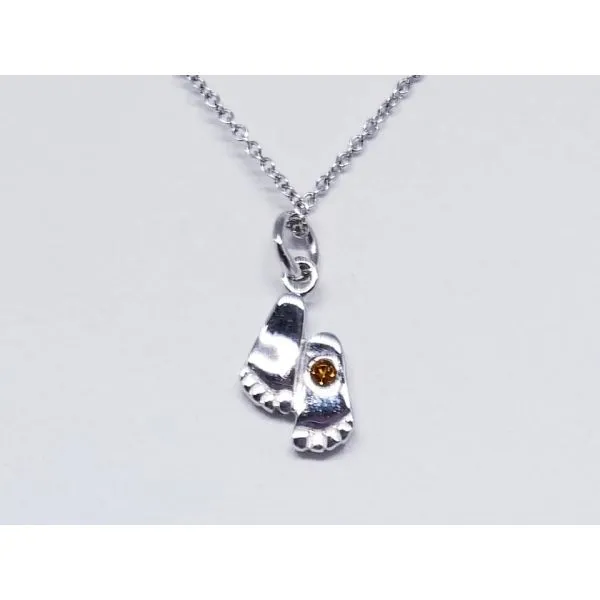 Rhodium Sterling Silver Classic Baby Feet Pendant, w/Citrine (November).  Cable  Chain Length 18