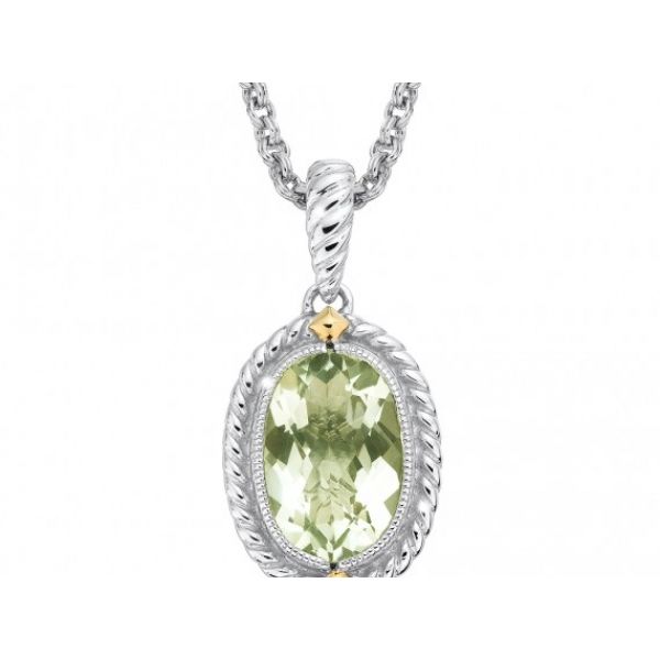 COLORE  Rhodium Sterling Silver & 18Ky Pendant w/Oval Green Amethyst Length 18
