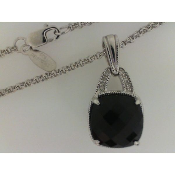 COLORE ~7C SG  Rhodium Sterling Silver Pendant with  Black Onyx & Diamonds 0.04tw ,  Double Round Cable Chain,  Length 18