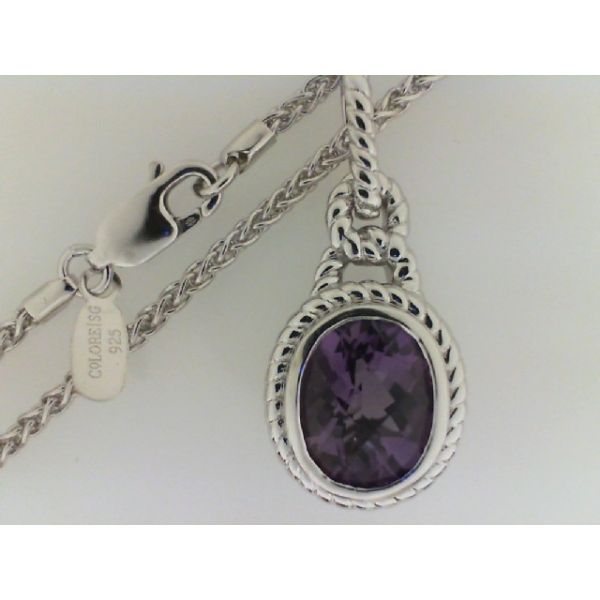COLORE ~7C SG Rhodium Sterling Silver, Oval Amethyst, Pendant, Rope Edge, Round Wheat 18