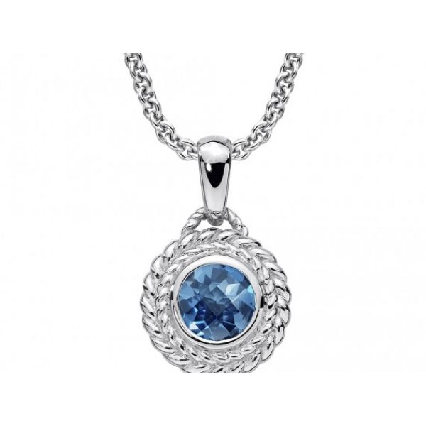COLORE  Rhodium Sterling Silver Pendant w/ Rope Edge, 8mm Round London Blue Topaz  on a Rollo Chain Length 18