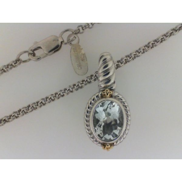 COLORE S~7CG Rhodium Sterling Silver & 18Ky Pendant , Rope edge, 8mm x 6mm Oval  Aquamarine,   Double Cable  Chain Length 18
