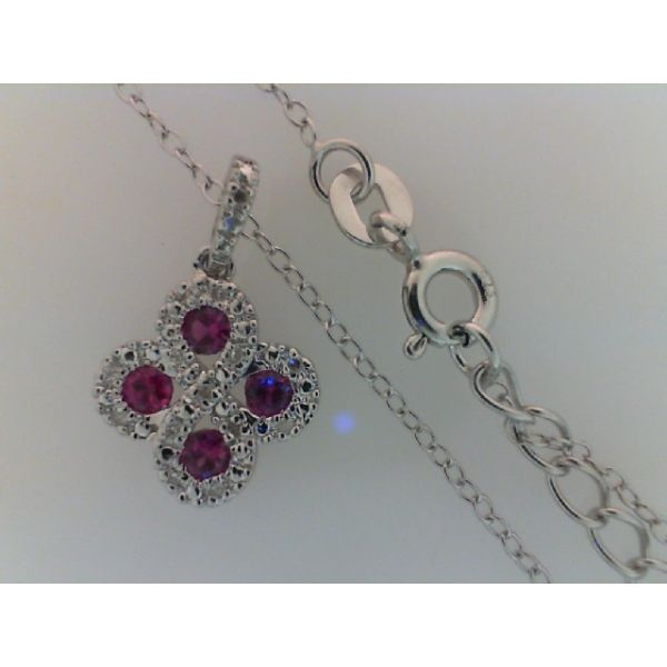 Rhodium .925 Sterling Silver Ruby & Diamond Pendant with 4 Rubies 0.32ctw, and 0.05ctw  diamonds,  Cable Chain 16