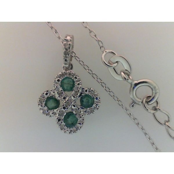 Rhodium .925 Sterling Silver Emerald & Diamond Pendant, with 4 Emeralds 0.25tw and 0.10ctw Diamonds, Cable Chain 16