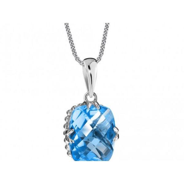 Rhodium Sterling Silver Necklace with One 8 x10 mm Cushion Cut Swiss Blue Topaz Pendant, Rolo Chain 18