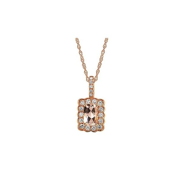 Rosé 14 Karat Pendants Length 18 With One 0.19Ct Retangular Cushion Morganite, Five 0.003 tw diamonds and 14 diamonds 0.0125 tw Barnes Jewelers Goldsboro, NC