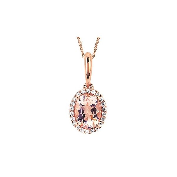 Rosé 14 Karat Pendants Length 18 With One 1.25Ct Oval Cushion Morganite and 22 Diamonds 0.005tw Barnes Jewelers Goldsboro, NC