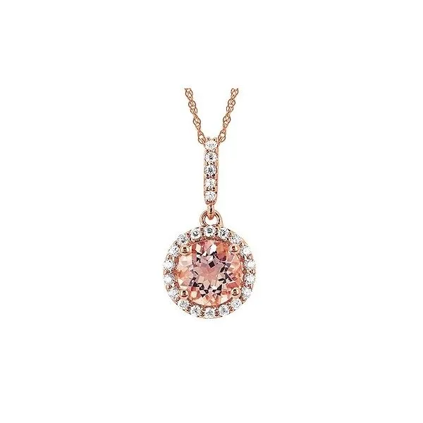 Rosé 14 Karat Morganite Pendant Length 18 With One Round 1.25ct  Morganite And Halo 0.13tw Round Diamonds Barnes Jewelers Goldsboro, NC