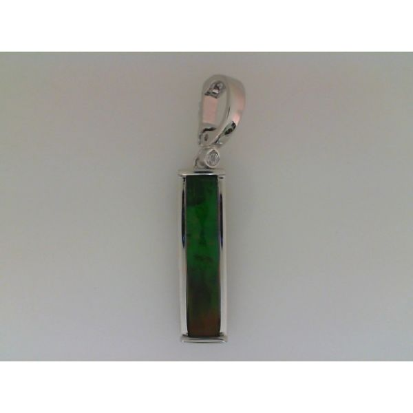 KORITE -  Rhodium Sterling Silver,  Ammolite Bar Pendant/ Enhancer, 7.8mm x 27mm, White Sapphire,  SP3377WF-AM-RG-QZ Barnes Jewelers Goldsboro, NC