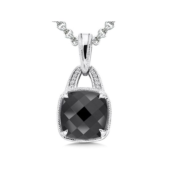 Rhodium Sterling Silver Pendant w/10mm Faceted Black Onyx & Diamonds 0.04tw ,  Double Round Cable Chain,  Length 18