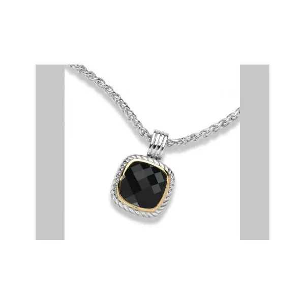 Sterling Silver & 18KY  Pendant w/ 16mm x 16mm Black Onyx Checkerboard Stone.  3mm Chain Length 18