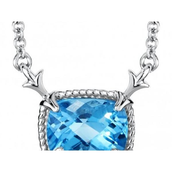 Rhodium Sterling Silver Pendant/Necklace , w/Fleur de lis & rope edge detailing, 9mm x 7mm Cushion Blue Topaz Stone,18