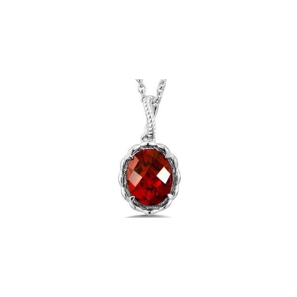 Rhodium Sterling Silver Pendant, Braided edge pattern, Rope Bail,  10mm x 8mm  Faceted Oval Garnet Stone,  Cable chain Length 18 Barnes Jewelers Goldsboro, NC