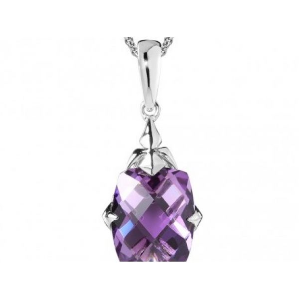 Rhodium Sterling Silver Pendant with One 10x8mm Cushion Amethyst. Small Rolo Chain Length 18 Barnes Jewelers Goldsboro, NC