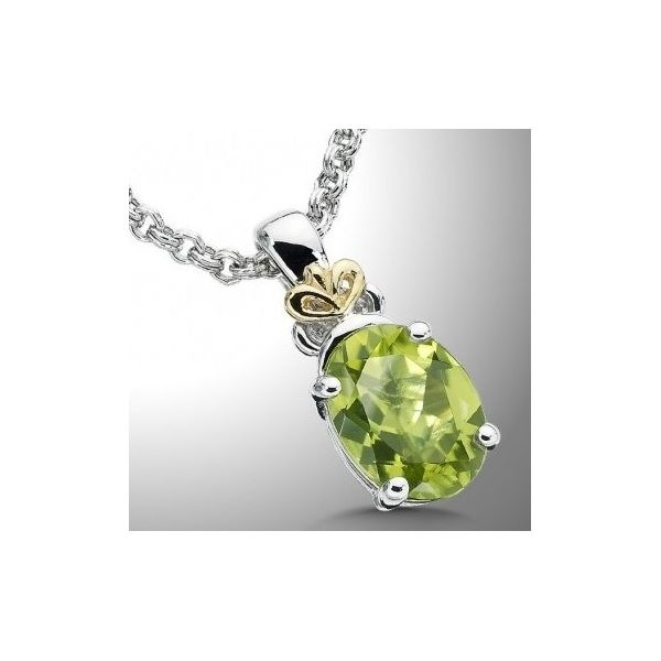Rhodium Sterling Silver & 18KY Pendant with One 9x7mm Oval Peridot. 18