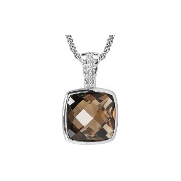 Rhodium Sterling Silver Pendant with One 12x12mm Cushion Smokey Quartz, Dbl Cable Chain 18
