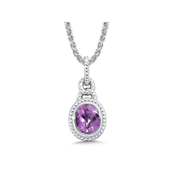 Rhodium Sterling Silver 10 x 8mm  Oval Amethyst Pendant, Rope Edge, Round Wheat Chain 18