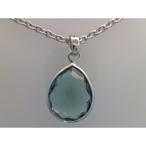 Rhodium Sterling Silver  Necklace w/ One Pear Shaped  Hydrothermal Synthesis Quartz Stone Pendant . 12mm x 15mm.  Length 16 + 2