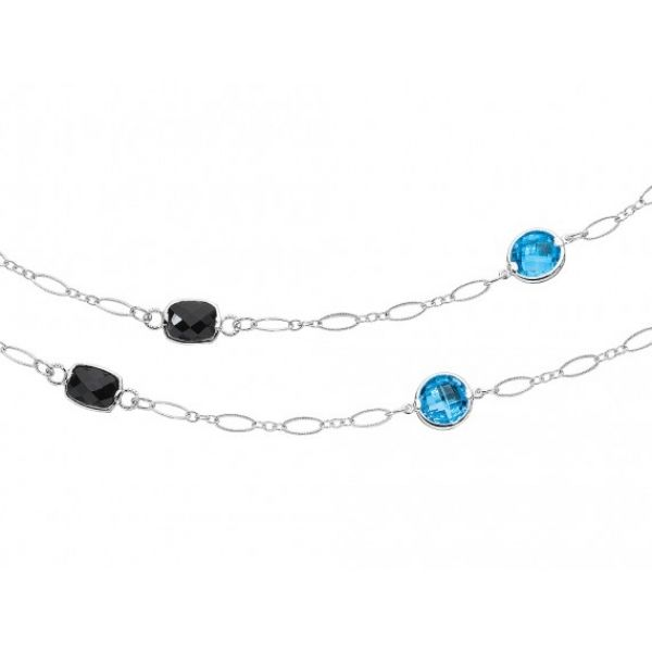 Rhodium Sterling Silver Necklace with Five 9mm Round  Blue Topaz Stones  and Four 9x7mm Black Onyx Stones, 36
