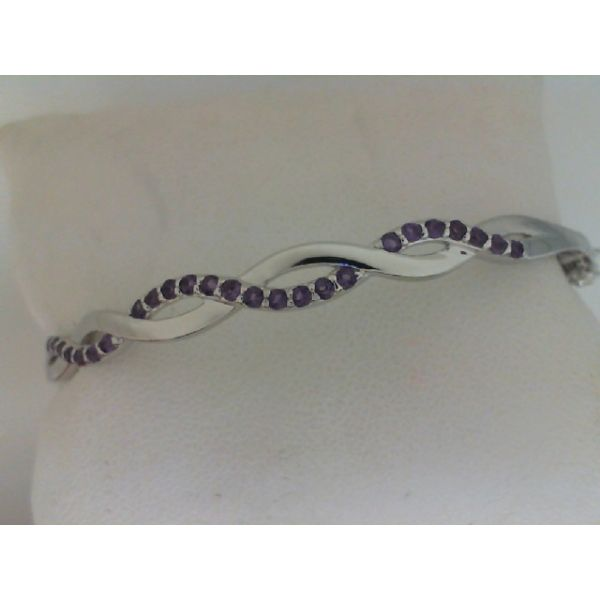 Rhodium Sterling Silver  Bangle Bracelet, hinged, w/Amethyst 0.58tw. Barnes Jewelers Goldsboro, NC