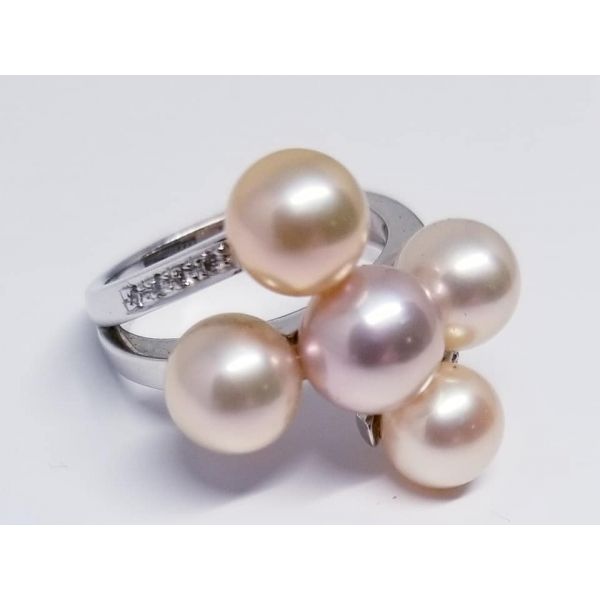 White 14 Karat Pearl Ring with 5 Multi Natural Colored Freshwater Pearls 7-7.5mm and 8 Diamonds GH/SI2 .06cttw    Size 7 Barnes Jewelers Goldsboro, NC