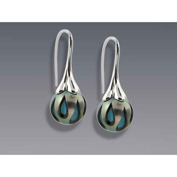 14K White Galatea Pearl Earrings,  w/Turquoise in Hand Carved 10.3mm Tahitian Pearls, wires. Image 2 Barnes Jewelers Goldsboro, NC