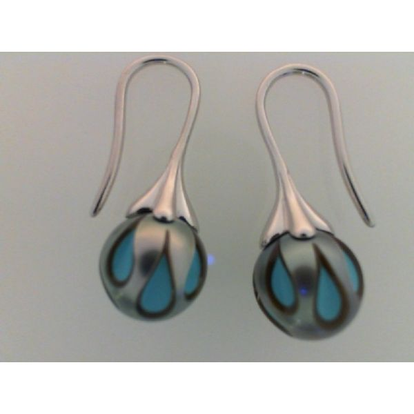 14K White Galatea Pearl Earrings,  w/Turquoise in Hand Carved 10.3mm Tahitian Pearls, wires. Barnes Jewelers Goldsboro, NC