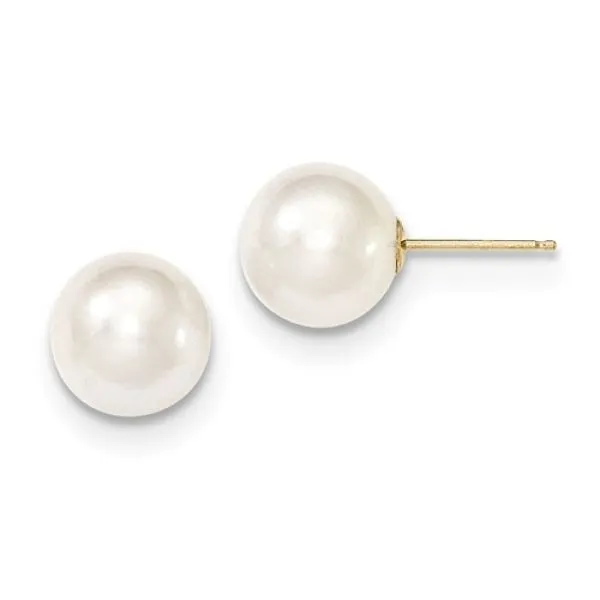 Yellow 14 Karat 9-10mm Cultured Freshwater White Pearl Stud Earrings, Barnes Jewelers Goldsboro, NC