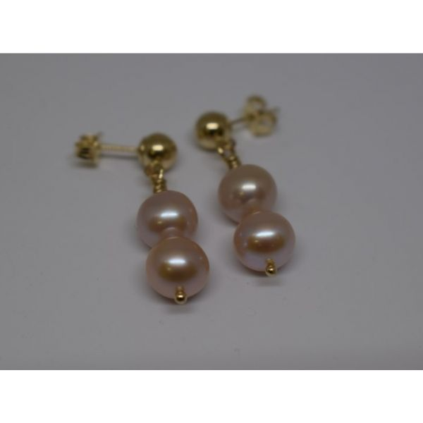 14 Karat Yellow Gold Cultured Freshwater Pink Pearl Drop Earrings,  4 = 7.3mm. bead post studs. Barnes Jewelers Goldsboro, NC