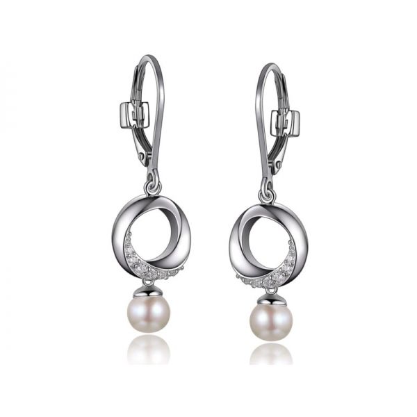 Rhodium Sterling Silver Dangle Earrings with 5-5.5mm Freshwater Pearls and CZ's. Hinged Backs. Barnes Jewelers Goldsboro, NC