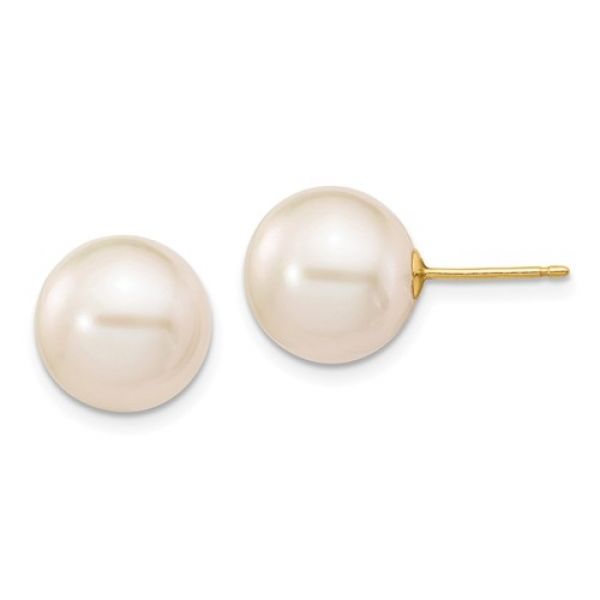 14K Yellow 10-11mm White Round Freshwater Cultured Pearl Stud Earrings with Silicone Backs Barnes Jewelers Goldsboro, NC