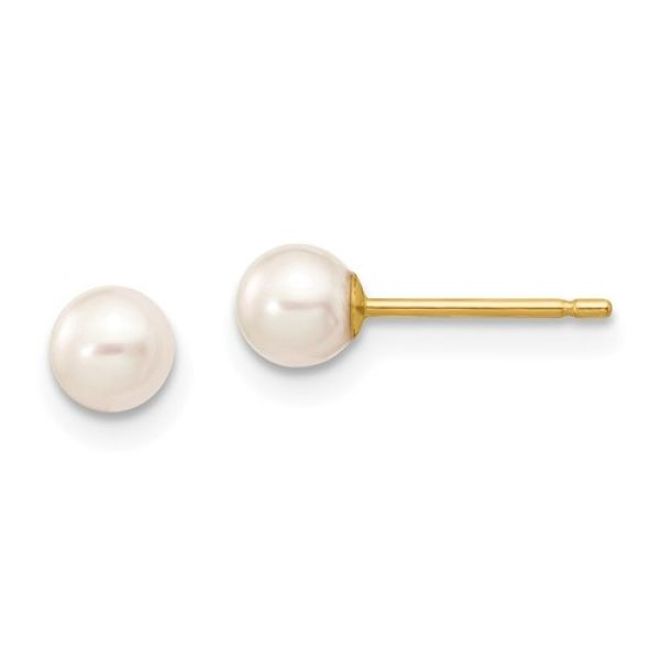 14K Yellow 4-5mm White Round Cultured Freshwater Pearl Stud Earrings with Silicone Backs. Barnes Jewelers Goldsboro, NC