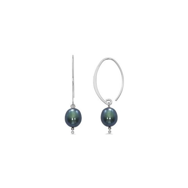 Rhodium Sterling Silver Small Simple Sweep Earrings w/ Black Freshwater Pearl Drops. Barnes Jewelers Goldsboro, NC
