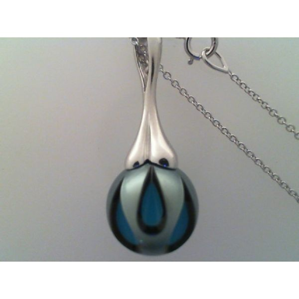 14K White Gold Galatea Pearl Pendant,  w/ Turquoise in a 11mm Carved Tahitian Pearl, 14KW Cable Chain 18