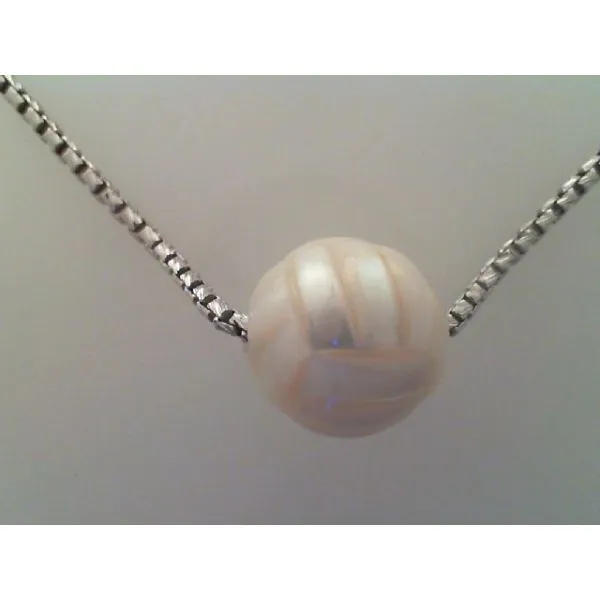 11mm Hand Carved Freshwater Pearl Volley Ball, Rhodium Sterling Silver Round Box Chain 18