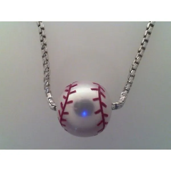 11mm Hand Carved Freshwater Pearl Baseball,  Rhodium Sterling Silver Round Box Chain 18