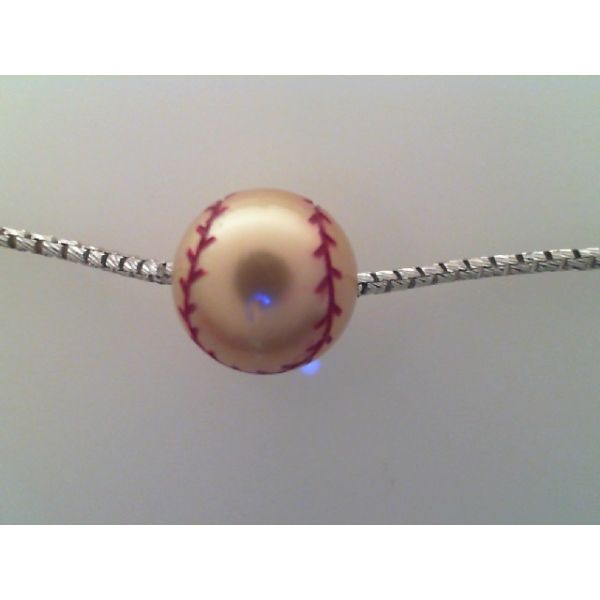 11mm Hand Carved Golden Freshwater Pearl Baseball. Rhodium Sterling Silver Round Box Chain 18