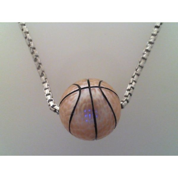Hand Carved 12mm apx. Peach Freshwater Pearl Basketball. Rhodium Sterling Silver Round Box Chain 18