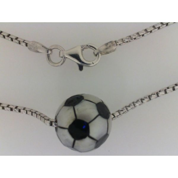 Hand Carved 11mm Freshwater Pearl Soccer Ball. Rhodium Sterling Silver Round Box Chain 18