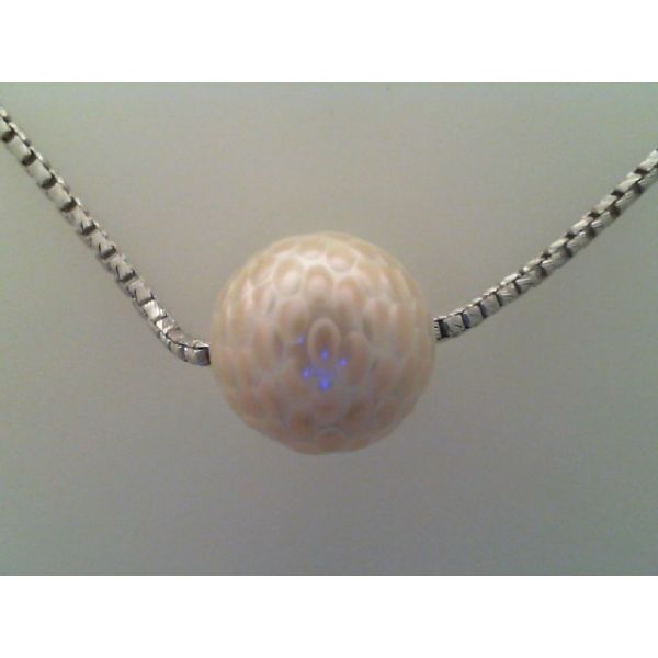 Hand Carved 11.5mm Freshwater Pearl Golf Ball. Rhodium Sterling Silver Round Box Chain 18