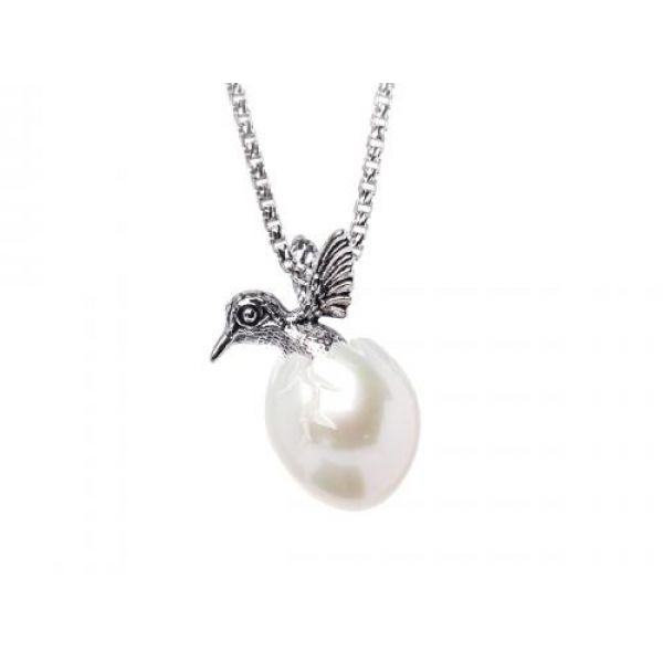 Hand Carved 10.5mm Freshwater Pearl Egg w/ Sterling Silver Humming Bird, Rhodium Sterling Silver Round Box Chain 18
