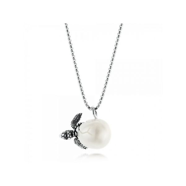 Hand Carved 10.5mm Freshwater Pearl Egg w/  Sea Turtle. Rhodium Sterling Silver Round Box Chain 18