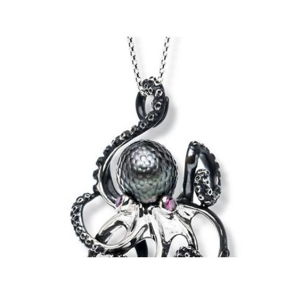 Rhodium Sterling Silver Octopus Pendant  w/ Hand Carved 11mm  Tahitian Pearl Head & Ruby Eyes 0.06cttw, Round Box Chain 18