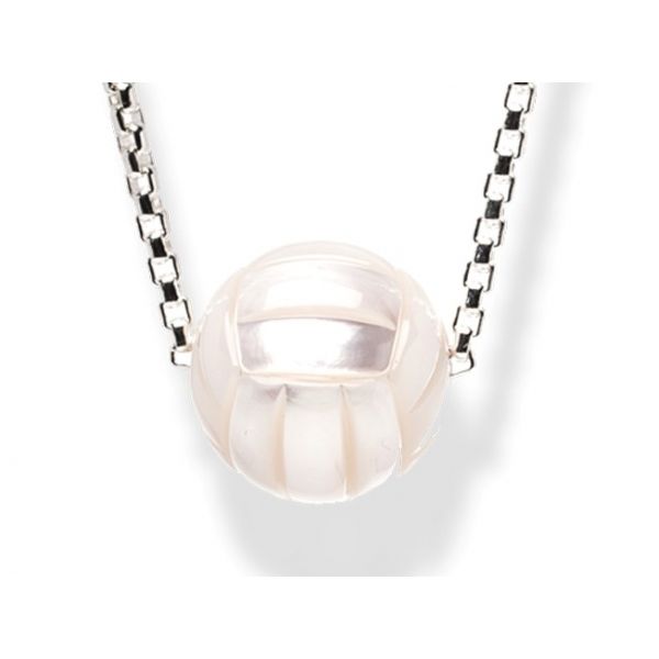 11mm Hand Carved Freshwater Pearl Volley Ball, Rhodium Sterling Silver Round Box Chain 18
