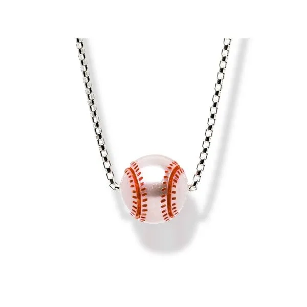 11mm Hand Carved White Freshwater Pearl Baseball, w/ red stitching,  Rhodium Sterling Silver Round Box Chain 18