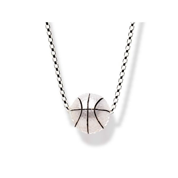 11mm Hand Carved Freshwater Pearl Basketball Pendant, Rhodium Sterling Silver Round Box Chain, Length 18. Barnes Jewelers Goldsboro, NC
