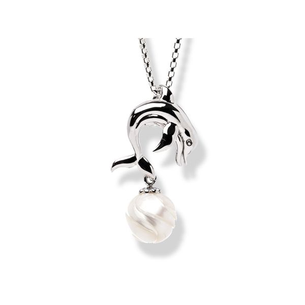 Rhodium Sterling Silver Dolphin Pendant  w/ 10mm Hand Carved  Freshwater Pearl,  Rhodium Sterling Silver Round Box Chain Length  Barnes Jewelers Goldsboro, NC