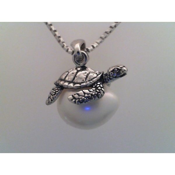 Rhodium Sterling Silver Sea Turtle on Egg Pendant,  13mm  x 10mm White  Freshwater Pearl, Rhodium Sterling Silver Round Box Chai Barnes Jewelers Goldsboro, NC